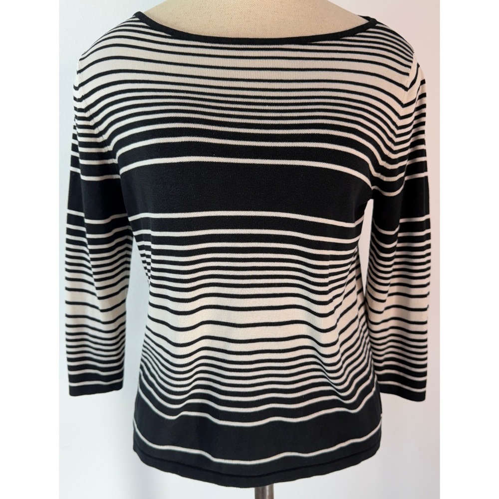 Vintage 90s August Silk Striped Boat Neck Top 100% Silk Black White Neutral Knit